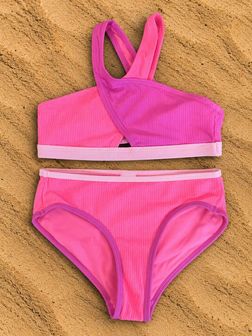 Justice Girls Size 7/8 Pink Ribbed Cross Neck Bikini Swimsuit NWT